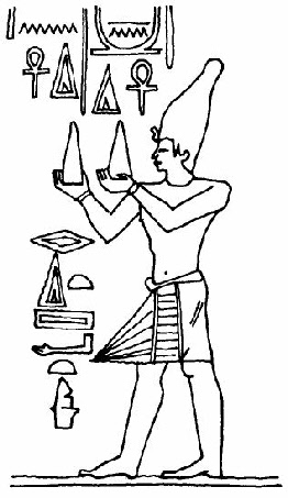Egyptian priest holding cones of gold known as MFKTZ (moof KOOZ tee) an ancient Egyptian word for subtle energy.